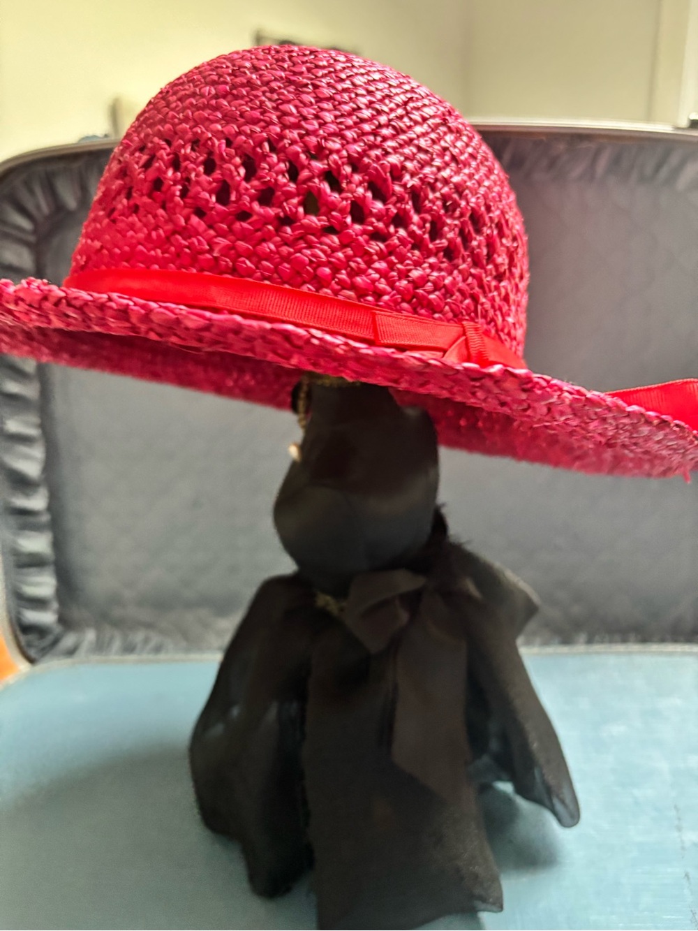 VTG 1960s Straw Sun Hat with Ribbon Bow - Bright Fuchsia - Picture 2 of 6